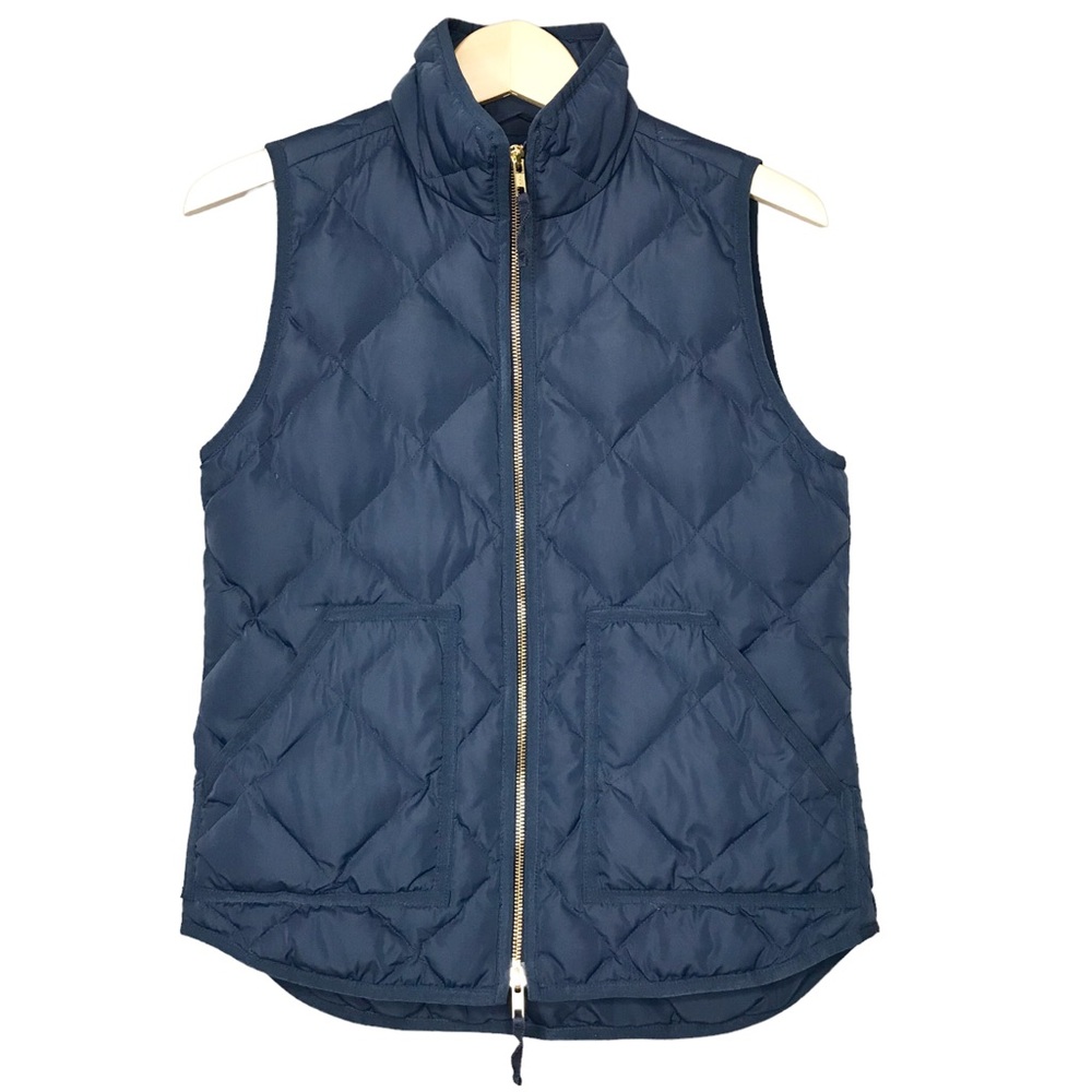 XS J. Crew Women’s Down Fill Diamond Quilted Navy Blue Outerwear Vest Full Zip